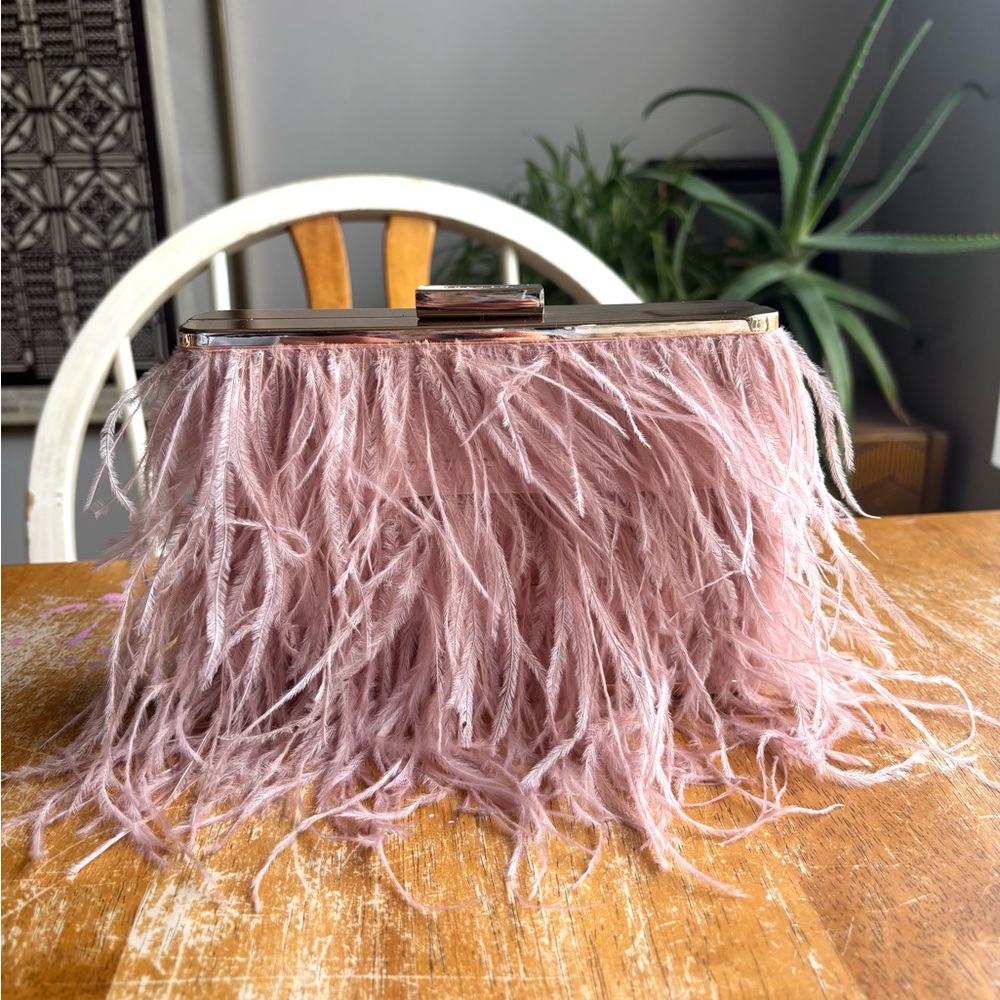 Olga Berg Dusty Pink Feathered Clutch in Blush